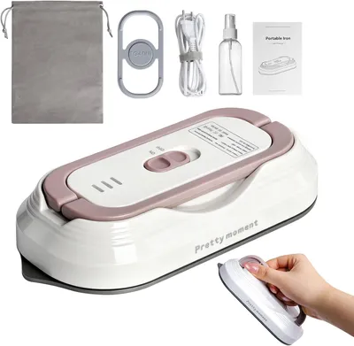 Produktbild von Mini Tragbares Reisebügeleisen mit Universalspannung 100-240V, Klein Bügeleisen Handgerät Kein Dampf, Keramikfläche, 150 °C Heißpress mit Sprühflasche, Beutel und Silikonständer