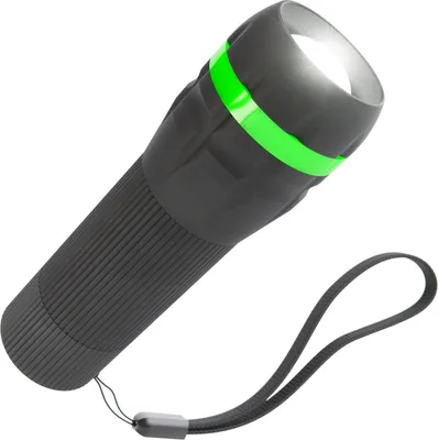 A black and green flashlight is shown against a white background.