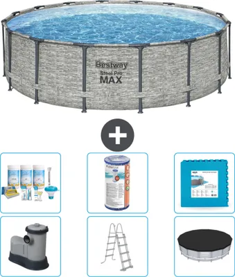 Produktbild von Bestway Round Steel Pro MAX Schwimmbad – Steindruck – 488 x 122 cm – inklusive Pumpe – Leiter – Abdeckung Wartungspaket - Filter - Bodenfliesen