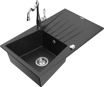 Produktbild von Mexen Cesar 1 Becken-Granitspüle mit Abtropffläche und Mischbatterie Carla, Schwarz/Silbermetallic - 6514-73-670700-00