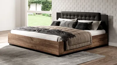 Immagine prodotto di Letto matrimoniale Sigma con imbottitura versione 180cm con rete a doghe Flagstaf rovere scuro - rosso rame app. / nero