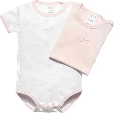 Productafbeelding van 2-delige set babyrompertjes met korte mouwen, wit en roze, merk Olimpias