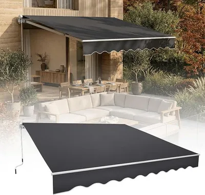 Productafbeelding van Scharnierarm zonnescherm 360 x 300 cm, zonwering, terraszonnescherm, intrekbare zonneschermhoes, aluminium balkonzonnescherm met handbediening (donkergrijs)