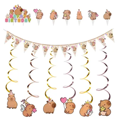 Image de Kit de décoration pour fête sur le thème du capybara - comprenant une banderole, des décorations pour gâteau et des serpentins - ensemble composé de plusieurs éléments