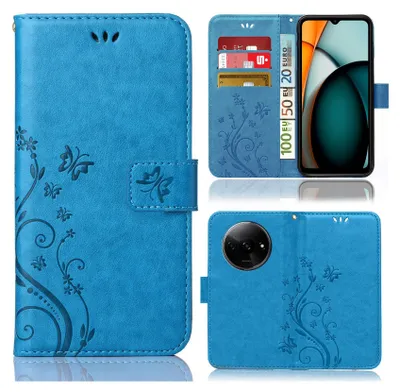 Produktbild von Handy Tasche für Xiaomi Redmi A3 Hülle Handyhülle mit Blumenmuster Klapp Hülle mit Standfunktion und Kartenfächer Farbe Blau