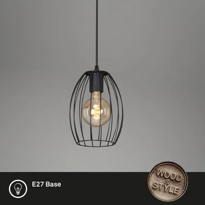 A black pendant light with a wire cage and a vintage-style bulb, set against a plain gray background. Text overlays indicate 'E27 Base' and a 'WOOD & STYLE' logo.