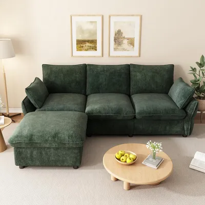 Immagine prodotto di Divano angolare moderno con poggiapiedi, divano a 3 posti, divano a forma di L con poggiapiedi, divano in chenille, divano per il soggiorno, divano con cuscini, color verde scuro