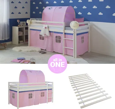 Produktbild von Homestyle4u Hochbett 90x200 mit Lattenrost Tunnel Vorhang rosa Kinderbett Weiß Holz Kiefer Massiv Jugendbett