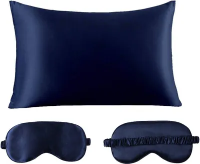 Produktbild von 1 Stück Seiden Kissenbezug 50x66cm für Haar und Haut Beide Seiten Natürliche Kissenbezug Seide mit Augenmaske, Navy blau