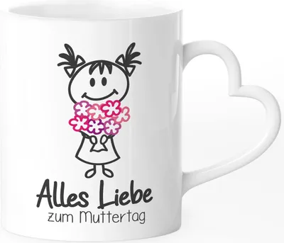 Produktbild von Kaffee-Tasse Alles Liebe zum Muttertag Blumenstrauss Strichmännchen Geschenk für MamaHerz-Henkel SpecialMe® weiß Herz-Tasse