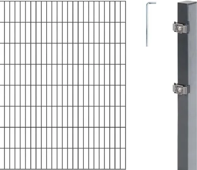 A fence panel and a fence post with mounting hardware and an Allen wrench are shown against a white background.