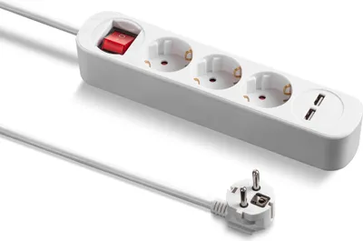 A white power strip with three outlets and two USB ports, along with its white plug and cable, is shown against a white background.