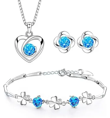 Produktbild von Schmuck Set Damen Silber 925 Herz Halskette Klee Armband Ohrstecker mit Zirkonia