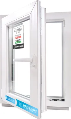 A white PVC window is shown, with the casement open, revealing its internal structure and some product information labels.