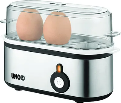 Produktbild von UNOLD 38610 Eierkocher Mini, Edelstahgehäuse, Eiereinsatz mit Griff für 1 bis 3 Eier, Signalton, Betriebskontrollleuchte und 210 W, inkl. Messbecher