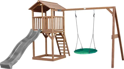 Produktbild von AXI Beach Tower Spielturm aus Holz in Braun | Spielhaus für Kinder mit grauer Rutsche, Nestschaukel und Sandkasten | Stelzenhaus für den Garten