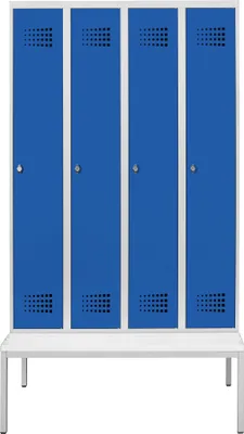 Produktbild von STIER Garderobenspind Premium mit Sitzbankuntergestell 4 Abteile Drehriegel lichtgrau/enzianblau