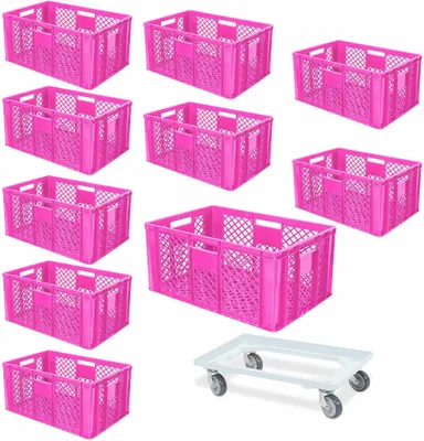 A collection of pink plastic crates and a white dolly on a white background.