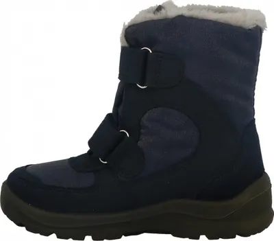 A side view of a single dark blue winter boot for children.