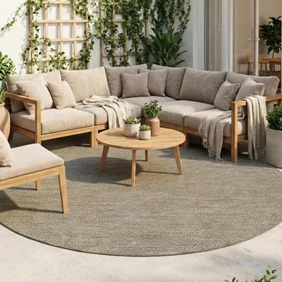 Produktbild von Volero - Outdoor Teppich Rund - Malta Arrow Natur - Ø 160 cm - Balkon, Garten, Terrasse, Flur - Boho, Klassik, Industrielle, Ländlich, Modern, Skandinavisch