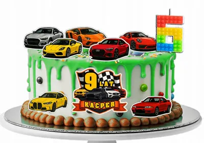 Zdjęcie produktu dla Opłatek Zestaw Urodzinowy Postacie Na Tort - Auta Wyścigowe + Imię