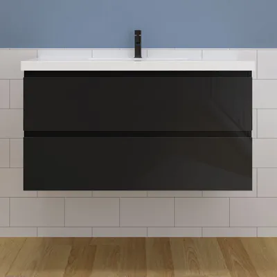 Produktbild von Waschtisch mit Unterschrank 100cm Alast Badmöbel Set Hochglanz Schwarz Keramik Waschbecken mit Unterschrank MDF Softclose