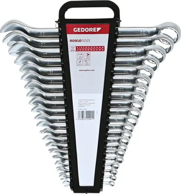 A set of wrenches is displayed in a black holder against a white background.