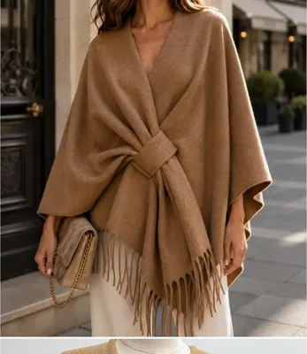 Produktbild von BZNA Strickponcho in Camel - Wolltuch mit Fransen - Poncho  ITALY