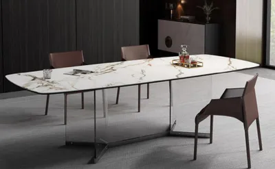 Immagine prodotto di Tavolo di design in marmo Tavoli da salotto Sala da pranzo Tavolo in acciaio inox Tavolo da pranzo moderno