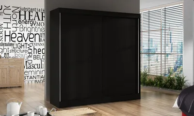 Produktbild von Schwebetürenschrank Basti X 200 cm mit Spiegel - Kleiderschrank mit 2 Türen, Kleiderstange und Einlegeboden, 200x215x58 cm (Schwarz)