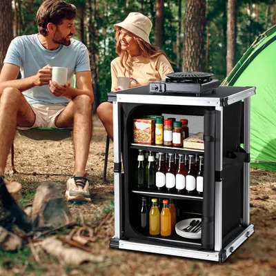 Immagine prodotto di Izrielar Cucina da campeggio pieghevole con 3 cassetti, box da cucina per esterni con piano di lavoro 80x61x51 cm, box da campeggio pieghevole e portatile per vacanze e roulotte, nero