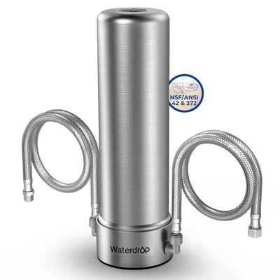 A silver water filter system with two flexible hoses attached.