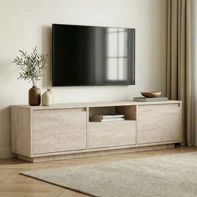 Image de Morrigan - Meuble TV, 160x30x42h cm Marbre Blanc, une Étagère