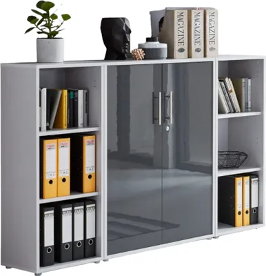 Produktbild von Aktenschrank TABOR 2 in lichtgrau / anthrazit Hochglanz, Schrankwand, Büroschrank, abschließbar, Metallgriffe