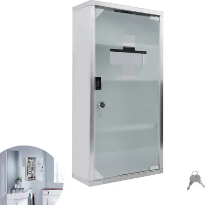 Image de UISEBRT Armoire à pharmacie 4 compartiments en acier inoxydable, verrouillable Armoire à pharmacie Armoire à médicaments Pharmacie 57,5 x 30 x 12 cm avec porte en verre et serrure