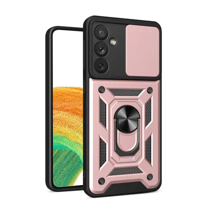 A rose gold and black phone case with a camera cover and ring holder, shown on a white background.