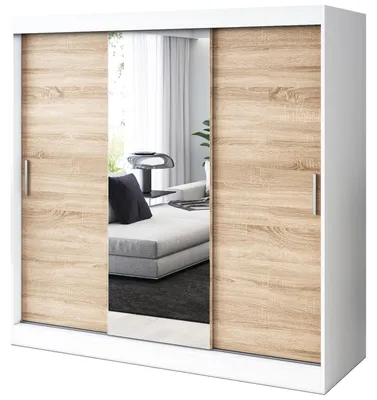 Produktbild von Kleiderschrank mit Spiegel - 200x200cm - Weiß Matt & Sonoma Eiche - Schiebetürenschrank HUGO - 3-türig - mit 4 Kleiderstangen