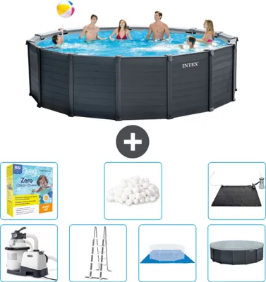 Produktbild von Intex runder Pool mit graphitgrauem Paneel – 478 x 124 cm – inklusive Pumpe – Leiter – Bodenplane – Abdeckung Wartungspaket - Filterbälle - Solarmatte