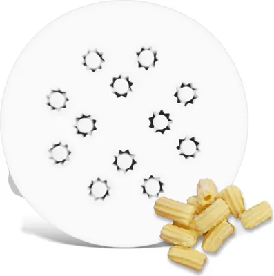 A white pasta maker disk with multiple star-shaped openings is shown along with a pile of ditalini rigati pasta. The disk is positioned to the left, and the pasta is to the lower right.