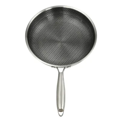 A stainless steel frying pan with a honeycomb pattern on a white background.