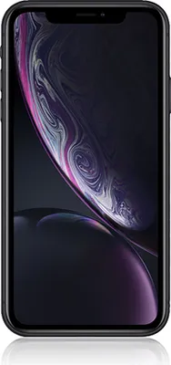A black iPhone XR is shown from the front against a dark background.