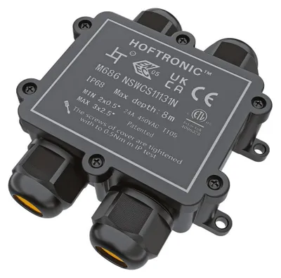 Image de HOFTRONIC - Boîte dérivation IP68 115x107x36mm 4 voies Noir 4-12mm câbles 2-3 fils