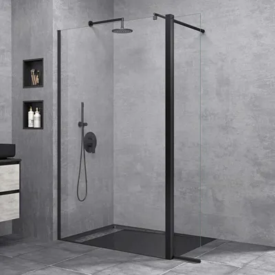 Produktbild von doporro Duschwand 60x200cm Walk-In mit 30cm Nebenteil, 10mm Duschabtrennung schwarz Bremen mit rundem Stabilisator, aus Echtglas ESG-Sicherheitsglas