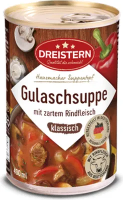 A can of Gulaschsuppe with ingredients depicted on the label.