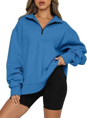 Produktbild von ASKSA Damen Sweatshirts 1/4 Reißverschluss Pullover Langarm Oversized Tunika Oberteil Tops, Blau, L