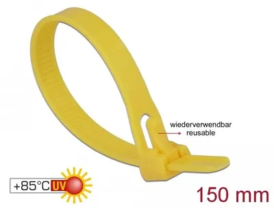 Imagen del producto de Abrazaderas de cable reutilizables, resistentes al calor, de 150 mm de largo y 7,5 mm de ancho, 100 unidades, color amarillo, marca Delock