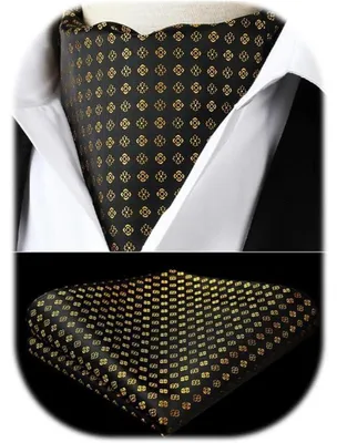 Productafbeelding van Herenset: sjaal en zakdoek, bloemenmotief Paisley, zwart/goud, microvezel-polyester-zijde
