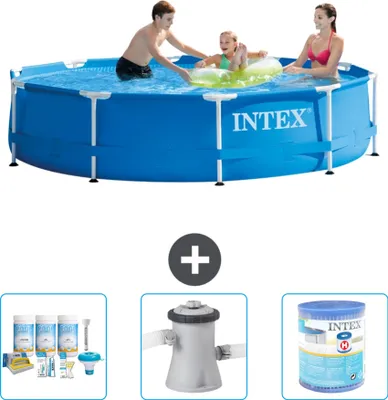 Produktbild von Intex-Schwimmbecken mit rundem Rahmen – 305 x 76 cm – Blau – im Lieferumfang enthalten Wartungspaket - Filterpumpe für Schwimmbad - Filter