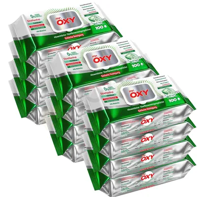 Produktbild von OXY Maxima Allzweck-Reinigungstücher(100 St.) streifenfrei, fettlösend, schnell trocknend, Weißseife-Duft, mit Essig & Natron, ohne Nachspülen Pack 12