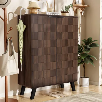 Image de OKWISH Meuble à Chaussures Moderne, Meuble d’entrée avec Étagères Réglables en PB - 80x35,5x110 cm - Bois Foncé